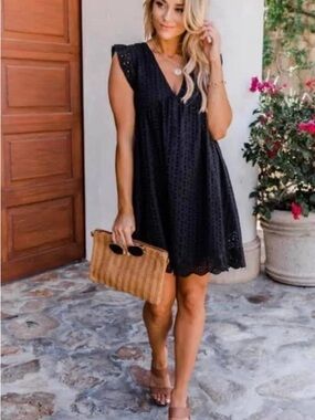 Black Eyelet V-Neck Swing Dress - Women